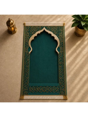 Belirtilmemiş iyico Girih Mihrab Yeşil Seccade | Lüks Kadife Namaz Halısı