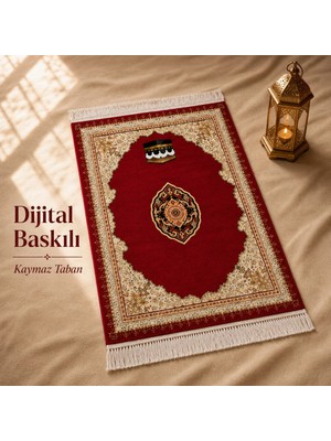 Belirtilmemiş iyico Kâbe Motifli Kırmızı Seccade | Dijital Baskılı Klasik Namaz Halısı