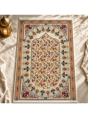 Belirtilmemiş iyico Gülbahçe Mihrab Krem Seccade | Dijital Baskılı Çiçekli Namaz Halısı
