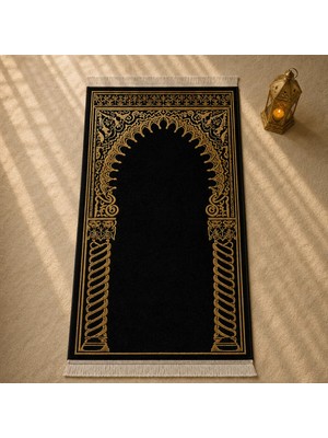 Belirtilmemiş iyico Burma Sütun Mihrab Siyah Seccade | Lüks Kadife Namaz Halısı