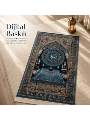 Belirtilmemiş iyico Hilal Mihrab Mavi 3D Seccade | Dijital Baskılı Lüks Namaz Halısı