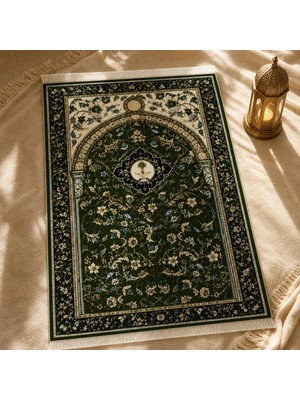 Belirtilmemiş iyico Yeşil Sarmaşık Mihrab Seccade | Dijital Baskılı Klasik Namaz Halısı