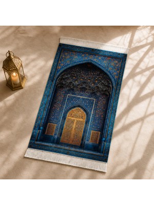 Belirtilmemiş iyico Çini Mihrab Mavi 3D Seccade | Dijital Baskılı Lüks Namaz Halısı