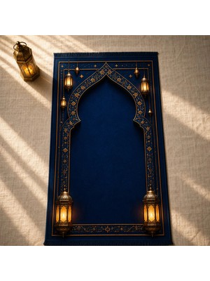 Belirtilmemiş iyico Kandil Mihrab Lacivert Seccade | Lüks Kadife Namaz Halısı