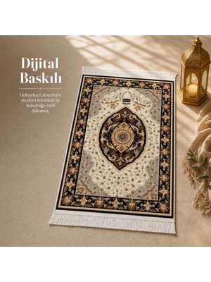 Belirtilmemiş iyico Kâbe Motifli Madalyon Krem Seccade | Dijital Baskılı Klasik Namaz Halısı