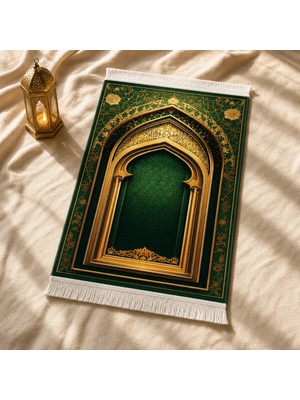 Belirtilmemiş Firdevs Mihrab Yeşil Seccade | Lüks Kadife Namaz Halısı