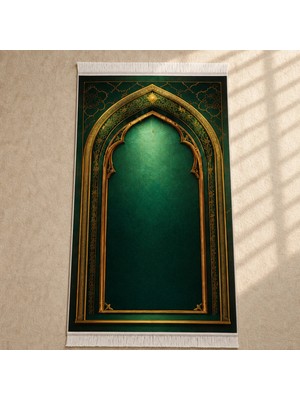 Belirtilmemiş iyico Zümrüt Kemer Mihrab Yeşil Seccade | Lüks Kadife Namaz Halısı