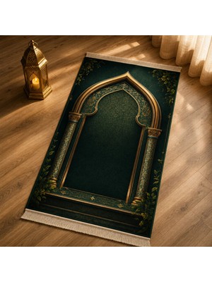 Belirtilmemiş iyico Cennet Bahçesi Mihrab Yeşil Seccade | Lüks Kadife Namaz Halısı