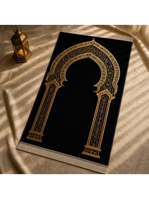 Belirtilmemiş iyico Dantel Mihrab Siyah Seccade | Lüks Kadife Namaz Halısı