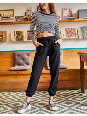 Tarzsokak Unisex Siyah Cepli Beli Bağcıklı Basic Eşofman Altı Jogger