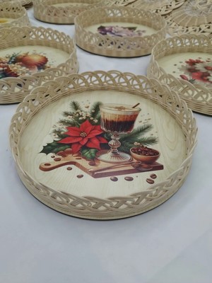Eltanin %100 Doğal El Yapımı 1. Sınıf Mdf Tabanlı Kup Bardak ve Çiçek Temalı Dekoratif Rattan Sunum Tepsisi (30 Cm, 6 Cm, 2 Mm)