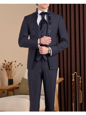 Slim Fit Erkek Hakim Yaka Ceket Yelek Pantolon Damatlık Set Lacivert T20078-02
