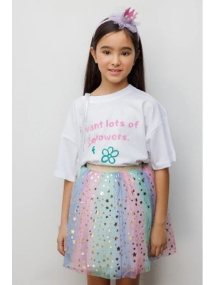 Le Mabelle Kız Çocuk Çiçek Baskılı Oversize Tişört Beyaz