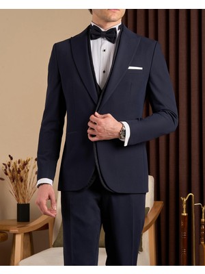 Slim Fit Erkek Sivri Yaka Ceket Yelek Pantolon Damatlık Set Lacivert T20079-02