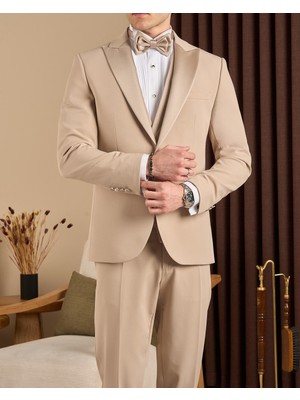Slim Fit Erkek Sivri Yaka Ceket Yelek Pantolon Damatlık Set Bej T20076-09