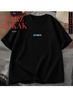 Tarzsokak Unisex Kadın/erkek Los Angeles Yazı Özel Renkli Oversize Bisiklet Yaka Pamuklu T-Shirt