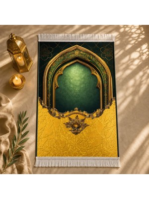 Belirtilmemiş iyico Amber Mihrab Yeşil Sarı Seccade | Lüks Kadife Namaz Halısı