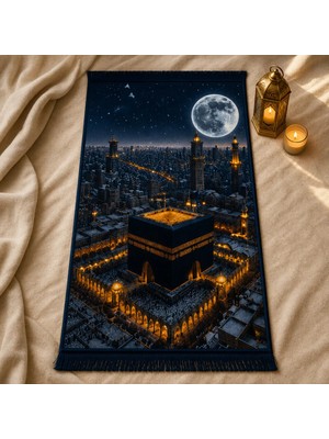 Belirtilmemiş iyico Kâbe Mehtap Manzaralı 3D Seccade | Dijital Baskılı Namaz Halısı