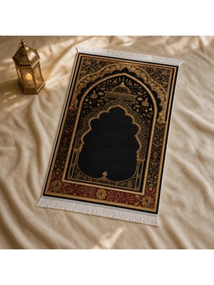 Belirtilmemiş iyico Bordo Mihrab Siyah Seccade | Klasik Dokuma Desenli Namaz Halısı