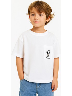 Noble Kids Çocuk Snoopy Işlemeli Cepli Tişört Beyaz