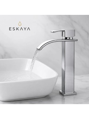 Eshome Kare Çanak Lavabo Bataryası Krom – Yüksek Musluk Şelale Akışlı Kare Gövde Modern Uzun Banyo Musluğu