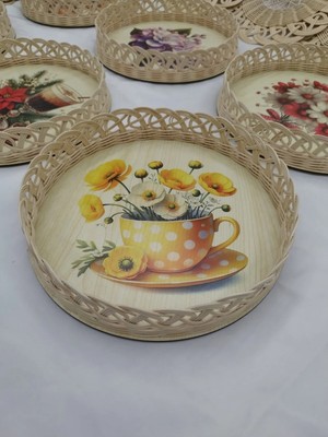 Eltanin %100 Doğal El Yapımı 1. Sınıf Mdf Tabanlı Fincan Temalı Dekoratif Rattan Sunum Tepsisi (30 Cm, 6 Cm, 2 Mm)