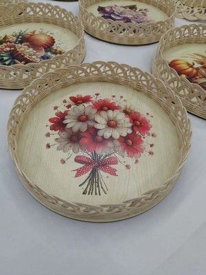 Eltanin %100 Doğal El Yapımı 1. Sınıf Mdf Tabanlı Papatya Temalı Dekoratif Rattan Sunum Tepsisi (30 Cm, 6 Cm, 2 Mm)