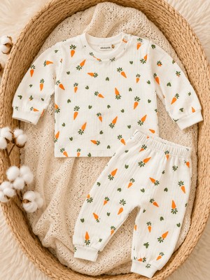 UmBaby Havuç Desenli Bebek Takımı Uzun Kollu Üst ve Pantolon &pijama Takımı