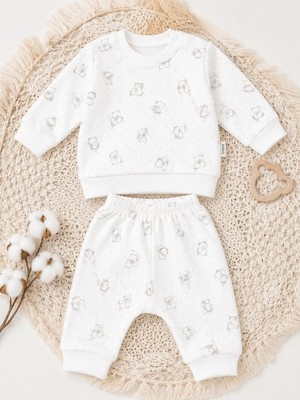 UmBaby Ekru Ayıcık Desenli Bebek Takımı Uzun Kollu Üst ve Pantolon Pijama Takımı