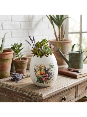 Eski Yeni Antik Seramik Yumurta Tasarımlı Çiçek Desenli Dekoratif Saksı 13 cm
