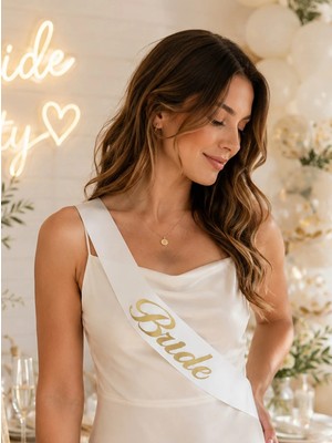 Bride Kuşak Bekarlığa Veda Parti Aksesuarı Beyaz Üzeri Altın