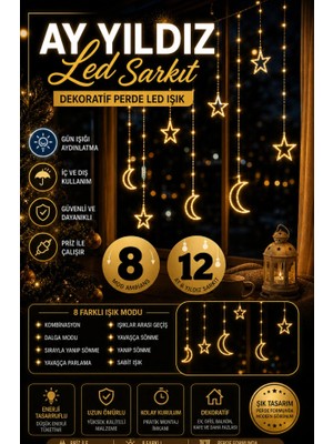 Ay Yıldız Perde LED 8 Mod Saçaklı Perde Pencere Balkon Duvar Işık Dekoratif Masa ve Gece Lambası