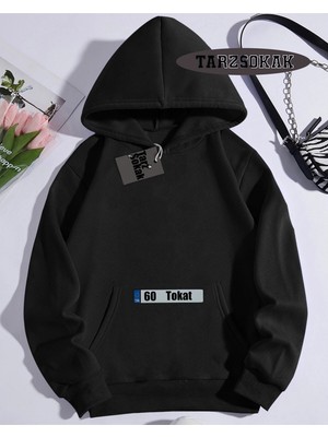 Tarzsokak Kapşonlu Sweatshirt Siyah 60 Tokat Özel Tasarım Plaka Detaylı