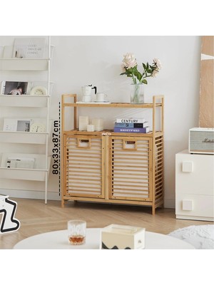 Kirli 2 Kat Organizer Raflı - 2 Bölmeli Önden Çek Aç Kalın Ahşap Bambu Kirli Çamaşır Sepeti 80X33X87CM BX40
