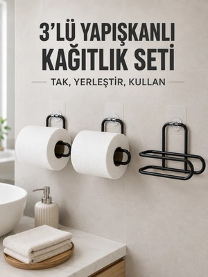Kaia Life 3’lü Siyah Duvar Tipi Kağıtlık Seti Yapışkanlı Pratik Rulo Tutucu