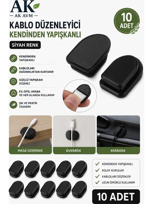 Ak Avm 10 Adet Siyah Renk Kendinden Yapışkanlı Askı – Banyo, Mutfak, Kapı Arkası, Duvar, Kablo Düzenleyici