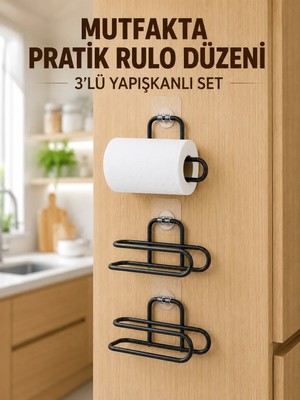 Kaia Life 3’lü Yapışkanlı Wc Kağıtlığı Siyah Rulo Tutucu Banyo ve Mutfak Kullanımı