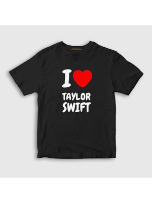 Presmono Unisex Çocuk Siyah I Love Taylor Swift T-Shirt