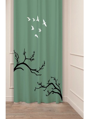 Greendecor Doğa Sakura Güneş Kuş Dağ Orman Ağaç Göl Manzara Desenli Renkli Özel Tasarımlı Dijital Baskılı Fon Perde