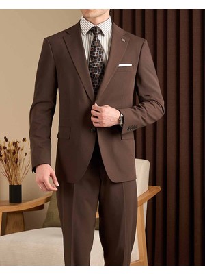 Regular Fit Erkek Mono Yaka Ceket Pantolon Takım Elbise Kahverengi T20121-03