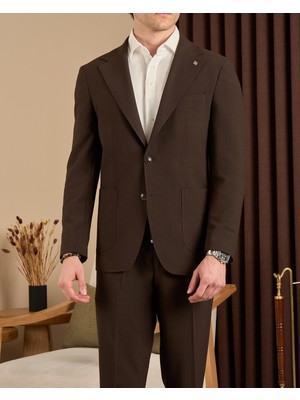 Slim fit erkek mono yaka torba cep gofre kumaş ceket pantolon takım elbise kahve T20102-03