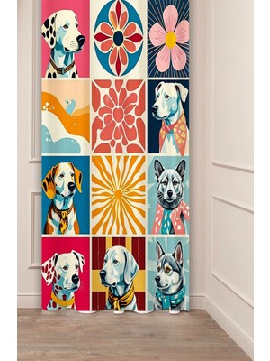 Greendecor Pop Art Renkli Köpek Desenli Dijital Baskılı Fon Perde