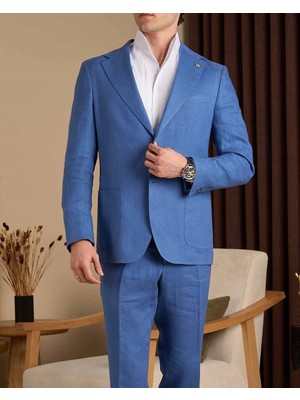 Slim Fit Erkek Mono Yaka Torba Cep Keten Kumaş Ceket Pantolon Takım Elbise Saks T20111-22