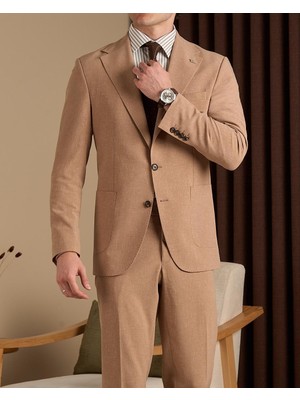 Slim Fit Erkek Mono Yaka Torba Cep Keten Karışım Ceket Pantolon Takım Elbise Camel T20113-11