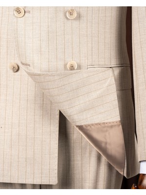 Slim Fit Erkek Sivri Yaka Çizgili Kruvaze Ceket Pantolon Takım Elbise Bej T20142-09