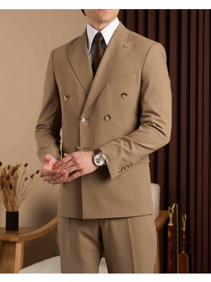 Slim Fit Erkek Sivri Yaka Kruvaze Ceket Pantolon Takım Elbise Haki T20139-06