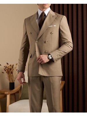Slim Fit Erkek Kruvaze Sivri Yaka Ceket Pantolon Takım Elbise Camel T20108-11
