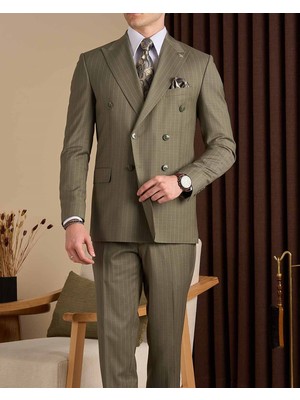 Slim Fit Erkek Kruvaze Sivri Yaka Ceket Pantolon Takım Elbise Haki T20108-06