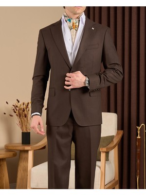 Regular Fit Erkek Mono Yaka Ceket Pantolon Takım Elbise Kahverengi T20156-03