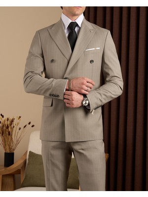Slim Fit Erkek Kruvaze Sivri Yaka Ceket Pantolon Takım Elbise Gri T20108-04